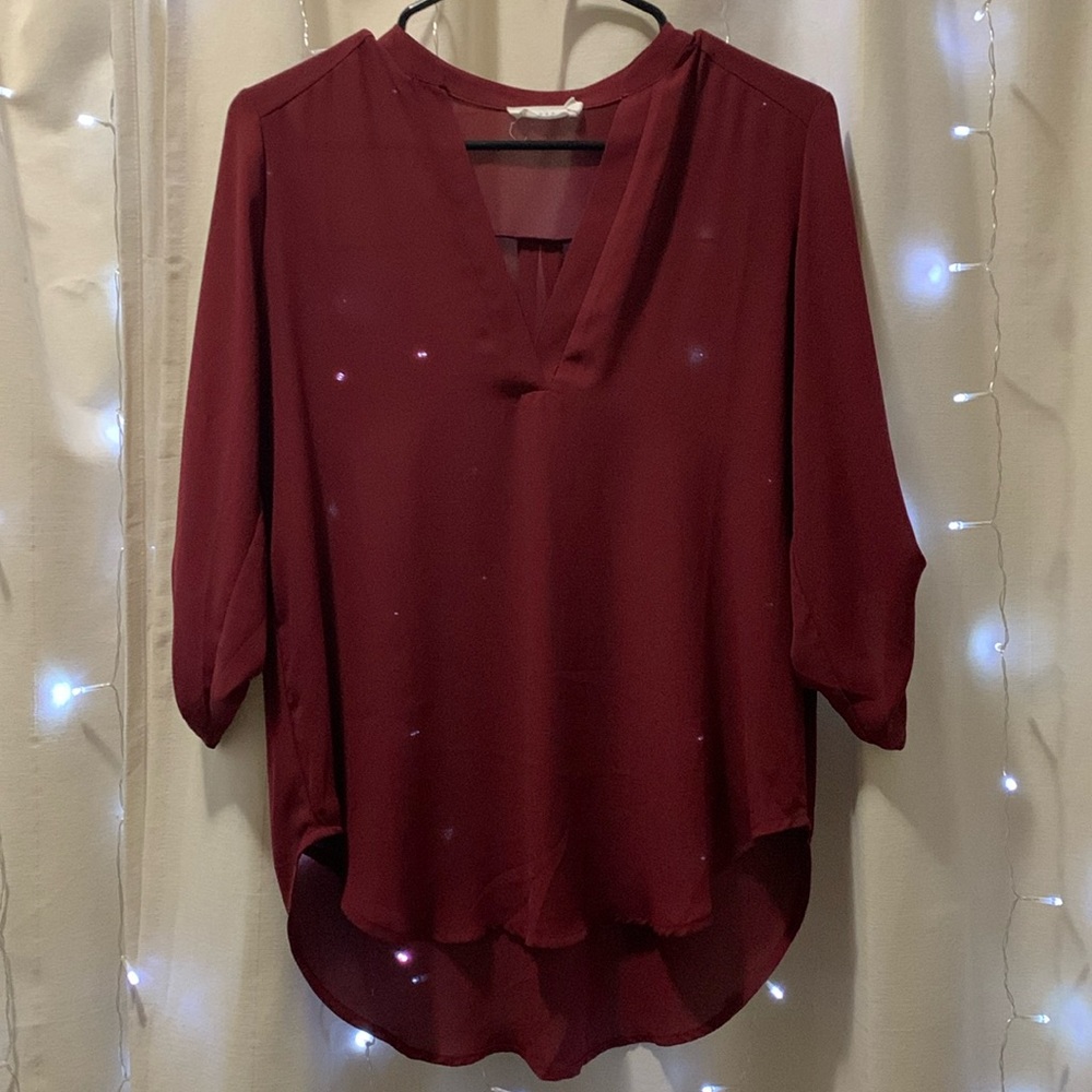 Lush Sheer Burgundy V-Neck Blouse
